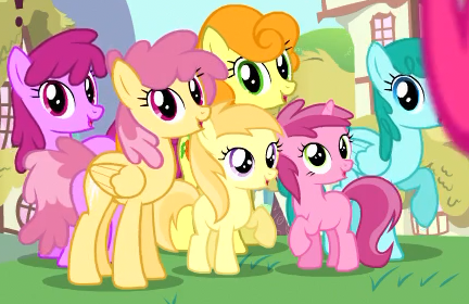 Berry Punch, Dizzy Twister, Carrot Top, Spring Melody, Noi, and Ruby Pinch all oooing